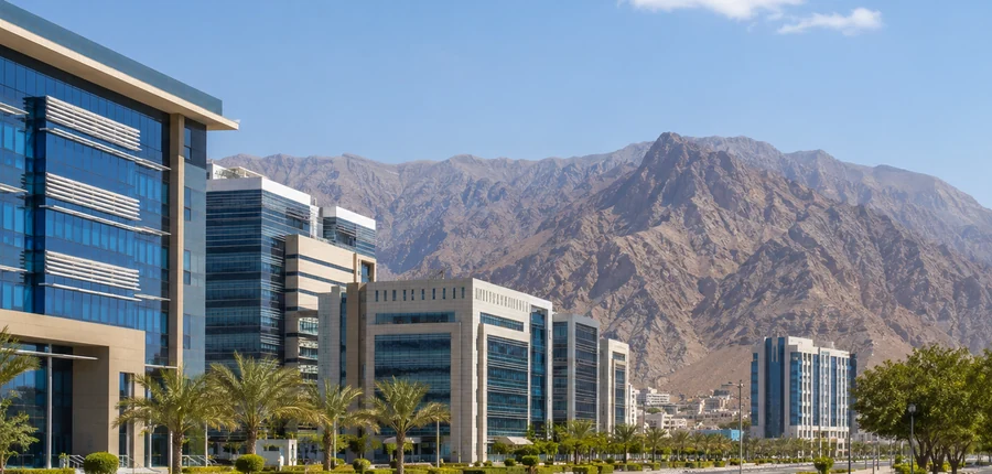 Ras Al Khaimah business district with mountain backdrop