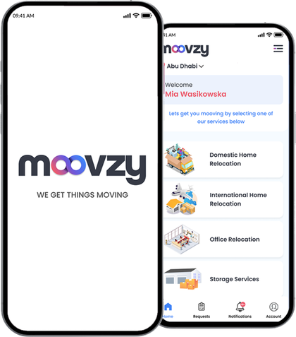 Moovzy app screens for submitting moving quote requests and managing a move