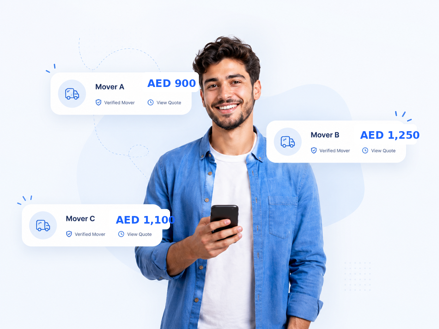 Smiling customer holding a phone and receiving moving quotes from Moovzy